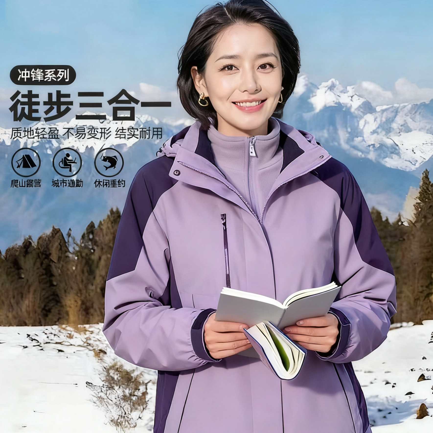 中老年妈妈冲锋衣三合一可拆卸两件套女装加绒加厚春秋冬季外套