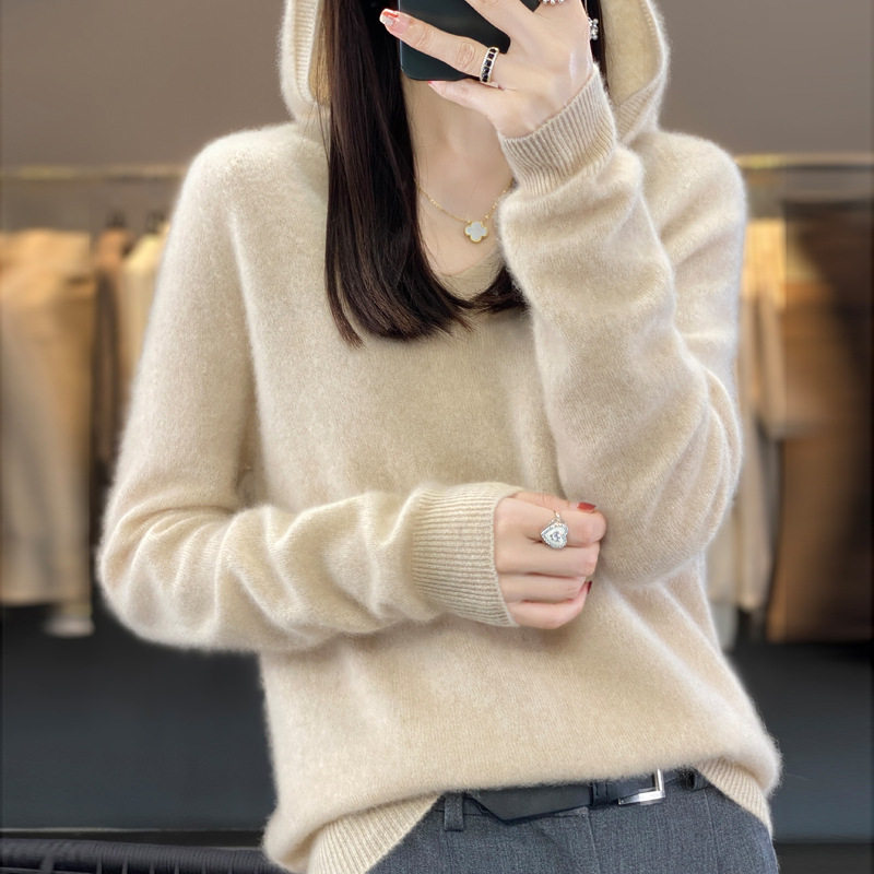 东莞大朗毛衣针织衫清河100纯羊毛2026秋冬新款女装V领连帽卫衣