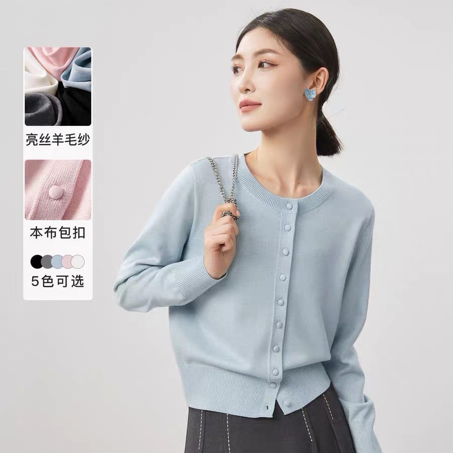 上海恩迪服饰商场同款包扣亮丝开衫圆领针织外套女含羊毛上衣春季图片