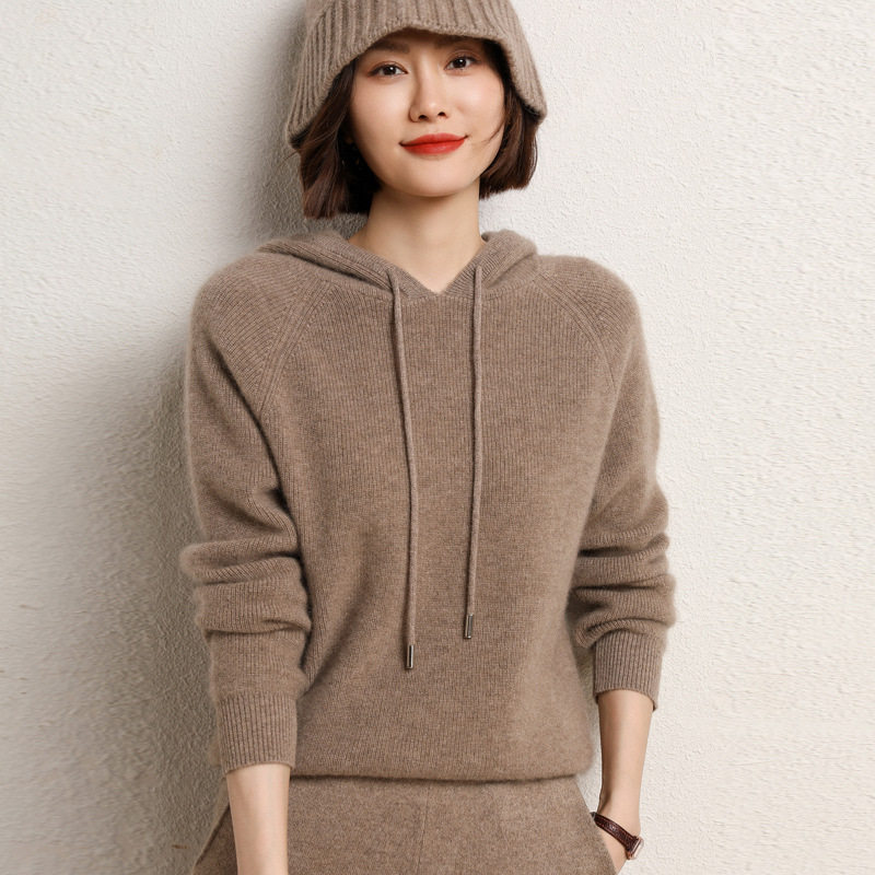 东莞大朗毛衣针织衫清河连帽女100纯羊毛秋冬新款带帽打底帽衫厚