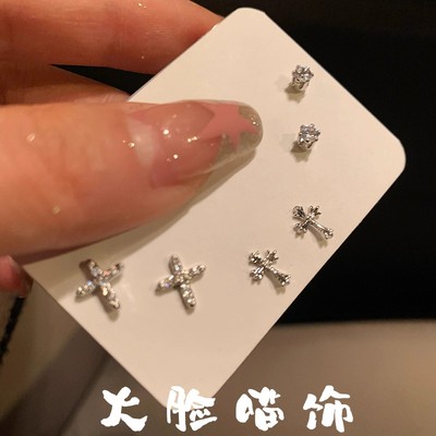 s925银针十字架锆石耳钉女精致小众设计高级感气质简约耳钉耳饰品