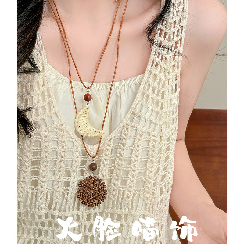 波西米亚民族风爱心月亮编织项链女夏天海边小众设计独特长款配饰