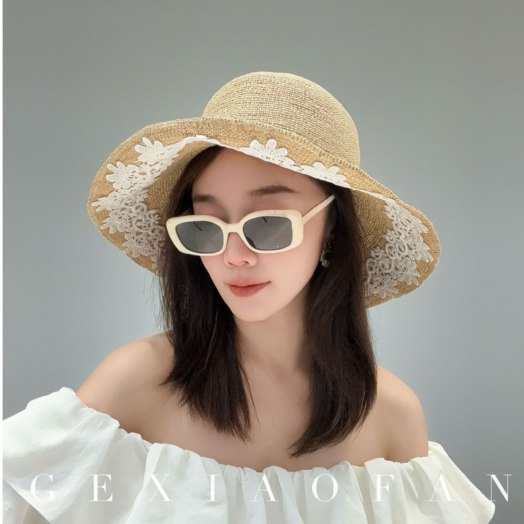 格小梵·正品夏季蕾丝大帽檐拉菲草帽女夏海边度假防晒太阳帽女