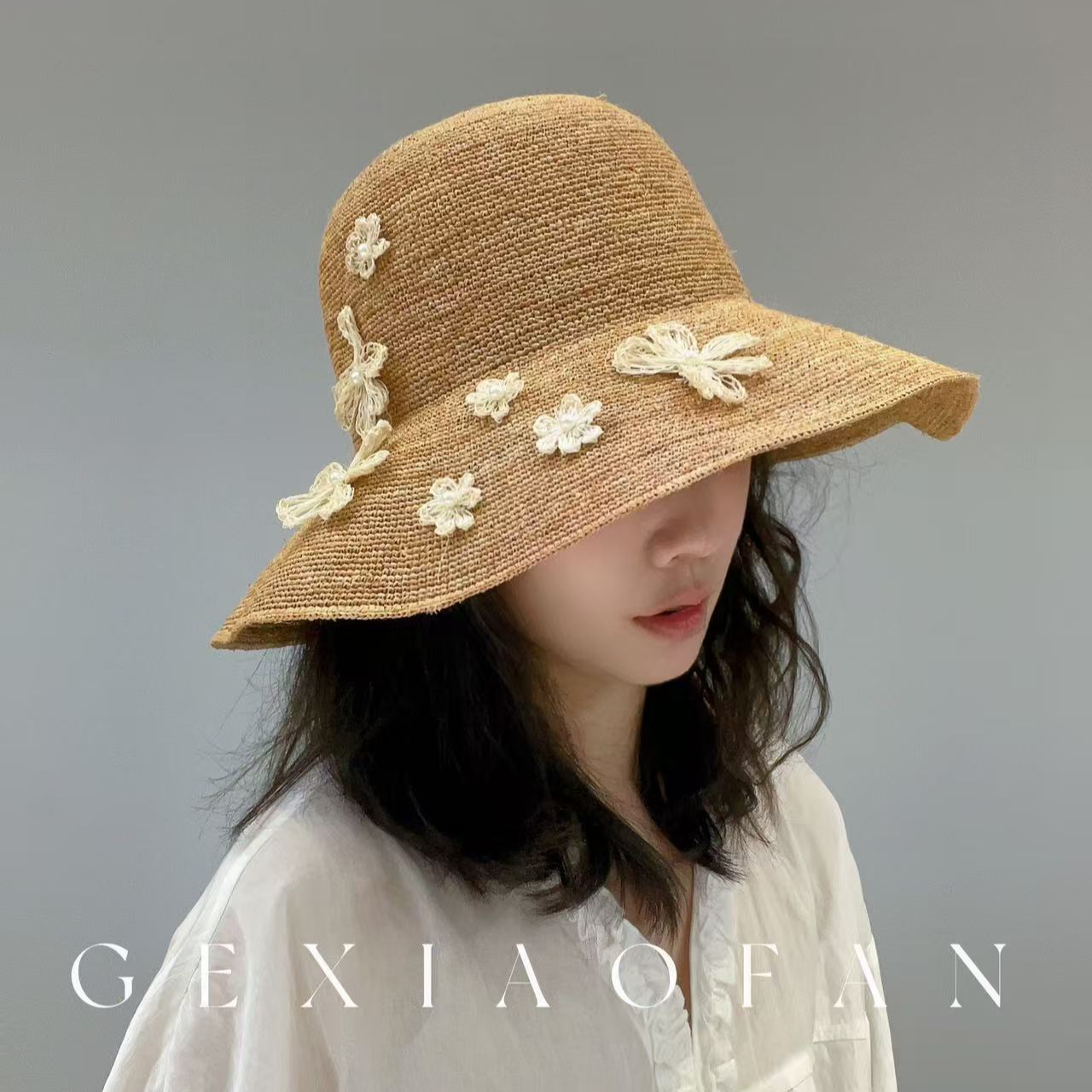 【格小梵】正品拉菲草太阳帽立体花朵草帽可折叠沙滩帽盆帽防晒帽