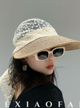 格小梵·正品蕾丝条纹空顶帽女夏季百搭透气防晒帽一体头巾沙滩