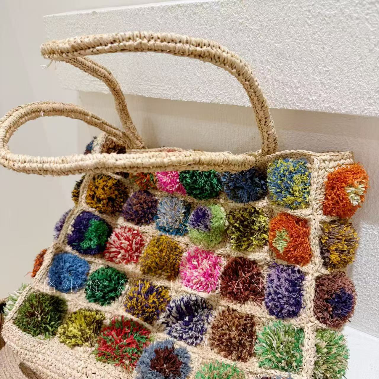2025新款彩色拉菲草手工編織單肩