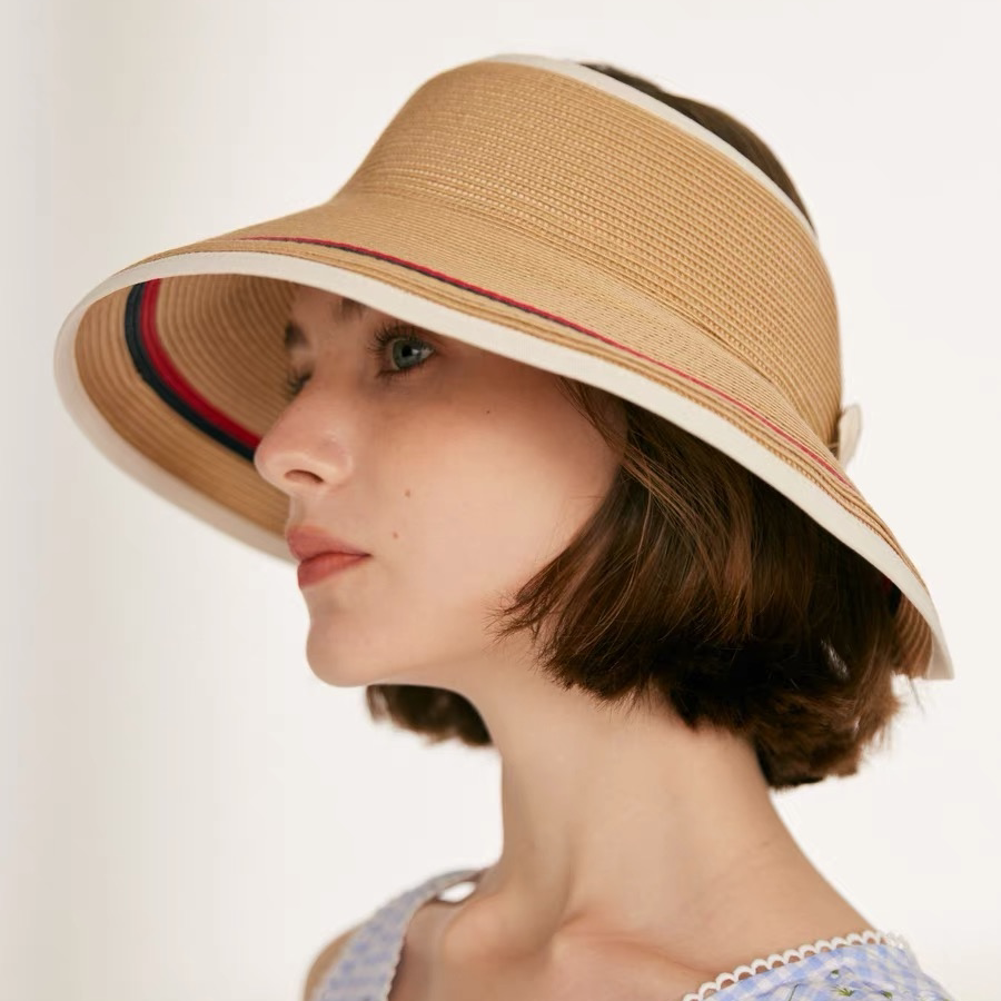 夏季出口韩国高定防晒帽女UV防紫外线草编帽显脸小空顶遮阳帽子女