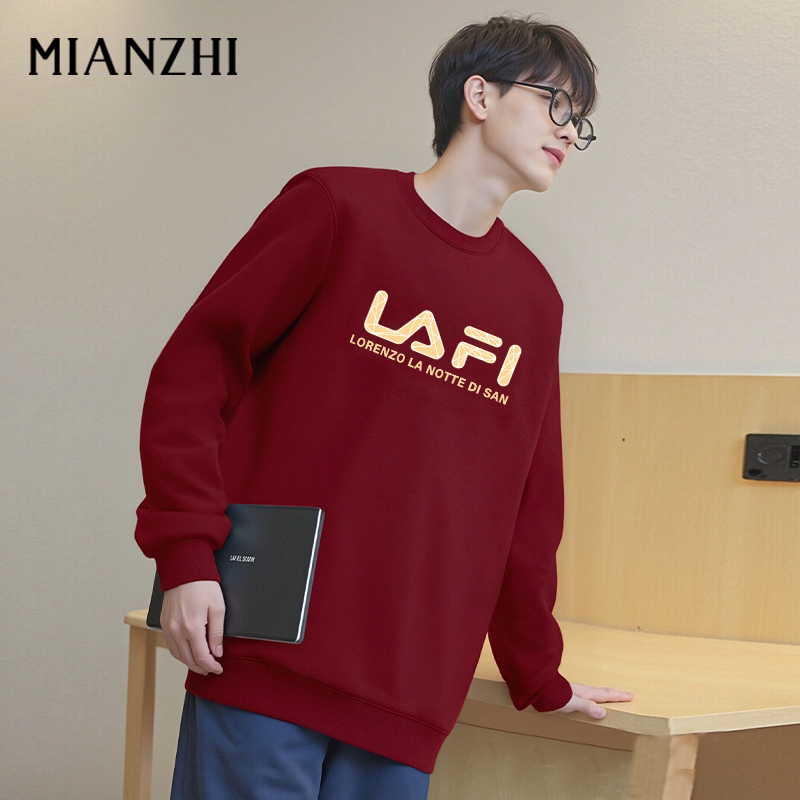 棉致品牌卫衣2025新款开春ins外套酒红圆领上衣加绒保暖男装学生