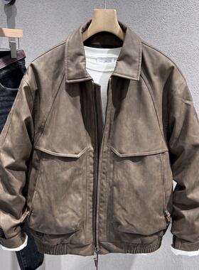 男士PＵ皮翻领羽绒服2025冬季新款青年流行空军夹克款白鸭绒外套