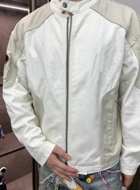 SS25联名款Cotton Jacket皮革徽标贴花拉链拼接美式潮流夹克外套
