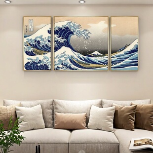 浮世绘神奈川巨浪三联装饰画日式客厅沙发背景墙卧室墙面挂画壁画