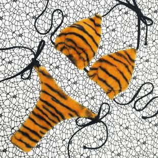 女士性感系带比基尼虎纹毛毛三角杯bikini海边沙滩温泉分体泳装