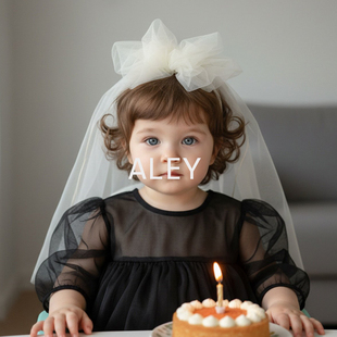 法式女童周岁头纱头饰少女泡泡纱蝴蝶结高端公主生日花童发饰发箍