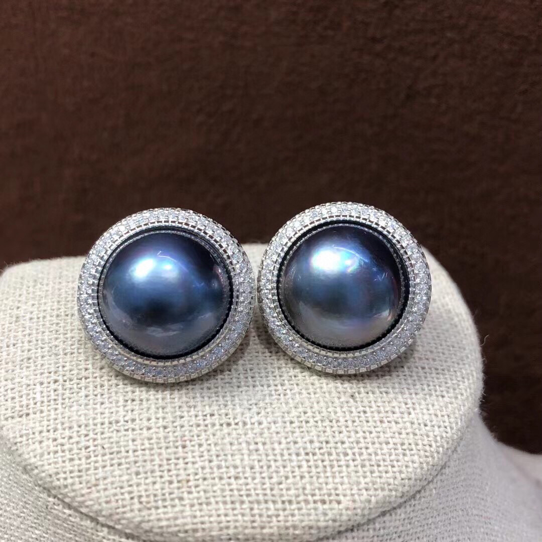 星辰系列海水马贝珍珠套装吊坠耳钉厂家现货星空蓝供应链通体纯银