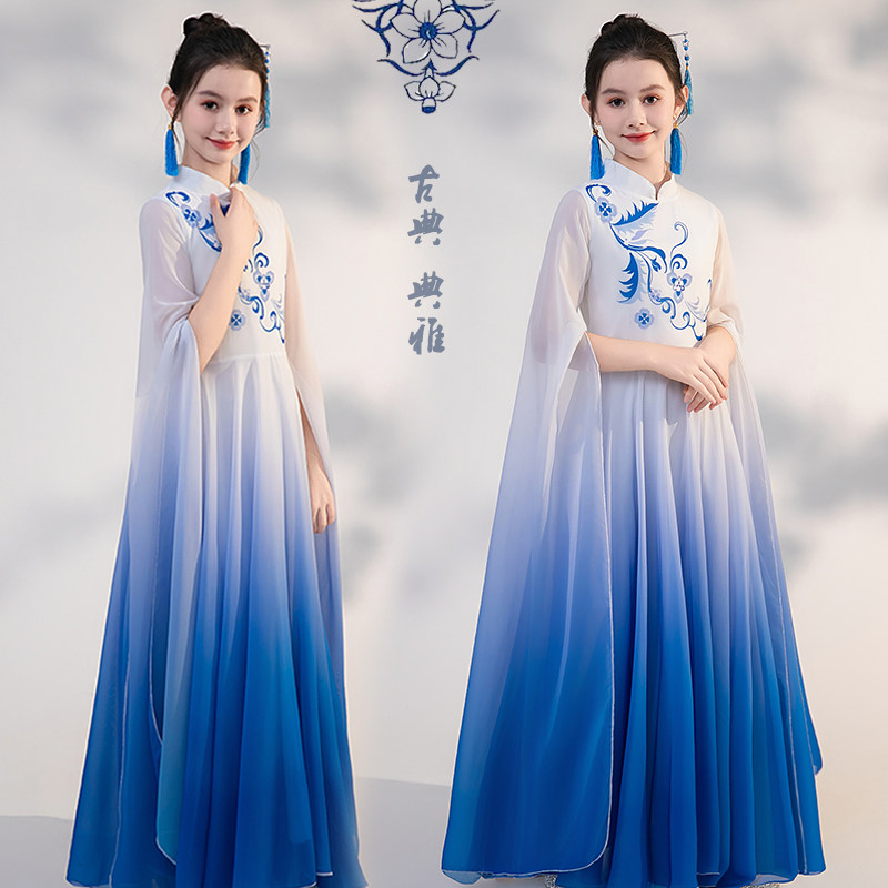 古典儿童礼服现代舞演出服服风古筝表演中国中大童合唱大摆裙女童