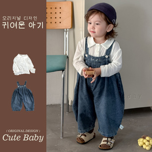 韩版男宝宝牛仔背带裤套装春季婴儿两件套洋气儿童长袖T恤男童