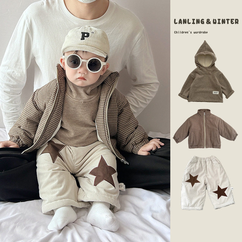 男宝宝冬季套装婴儿衣服韩范小童格子加绒棉服外套卫衣保暖直筒裤
