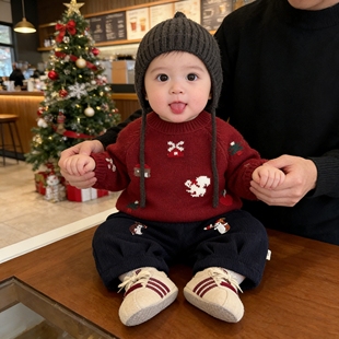 婴儿衣服冬装分体男宝红色毛衣秋冬款加绒裤韩版洋气冬季外出服潮