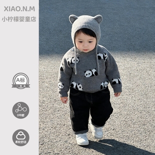 卡通熊猫纯棉加厚针织衫儿童毛衣秋冬A类柔软上衣男女宝宝套头衫