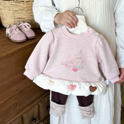 女童加绒卫衣冬季新款女宝卡通小熊加厚套头衫 a类婴幼儿百搭上衣