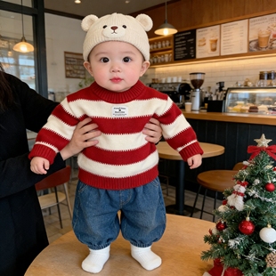 男宝套装冬装外穿超韩洋气时髦婴幼儿针织衫加绒卫裤分体两件套冬