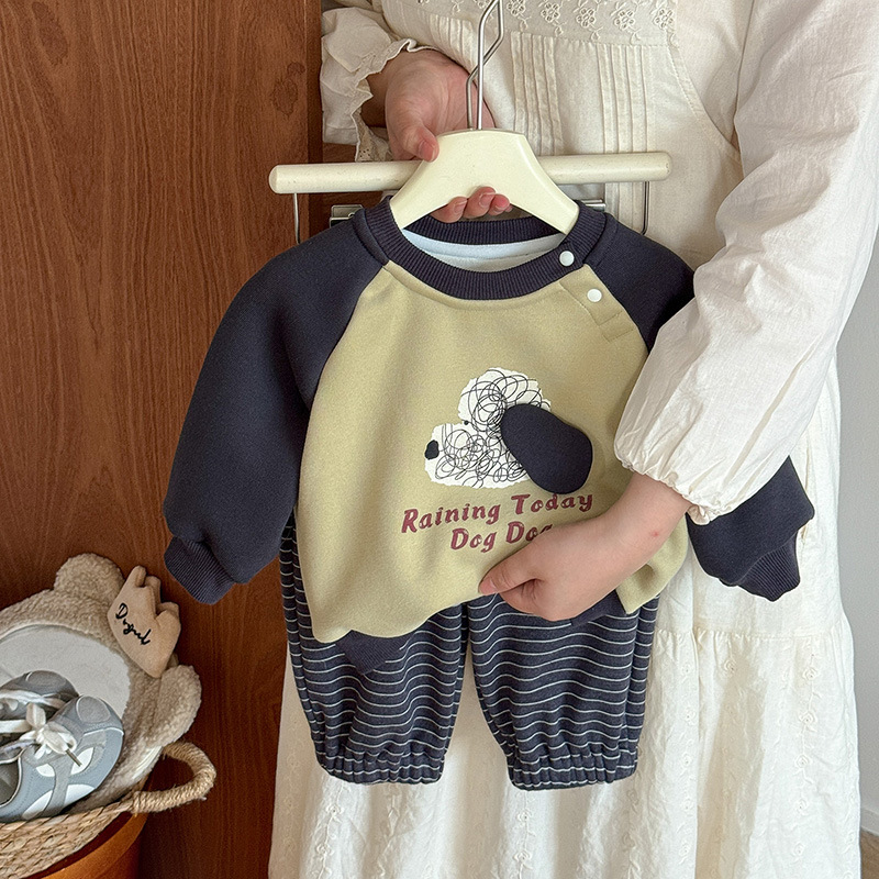 男童一体绒套装秋冬款男宝卡通加绒卫衣婴幼儿条纹卫裤两件套 a类