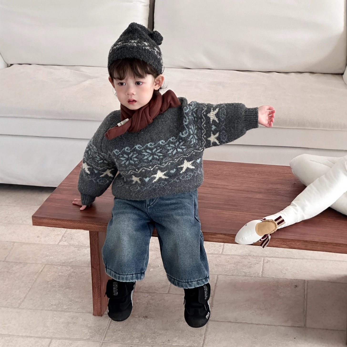 儿童服装冬季2025新款韩版童装宝宝针织毛衣冬款男童加绒牛仔套装