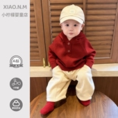 红色毛衣婴儿衣服新年男宝宝秋冬套装 子 儿童针织洋气保暖婴幼儿裤