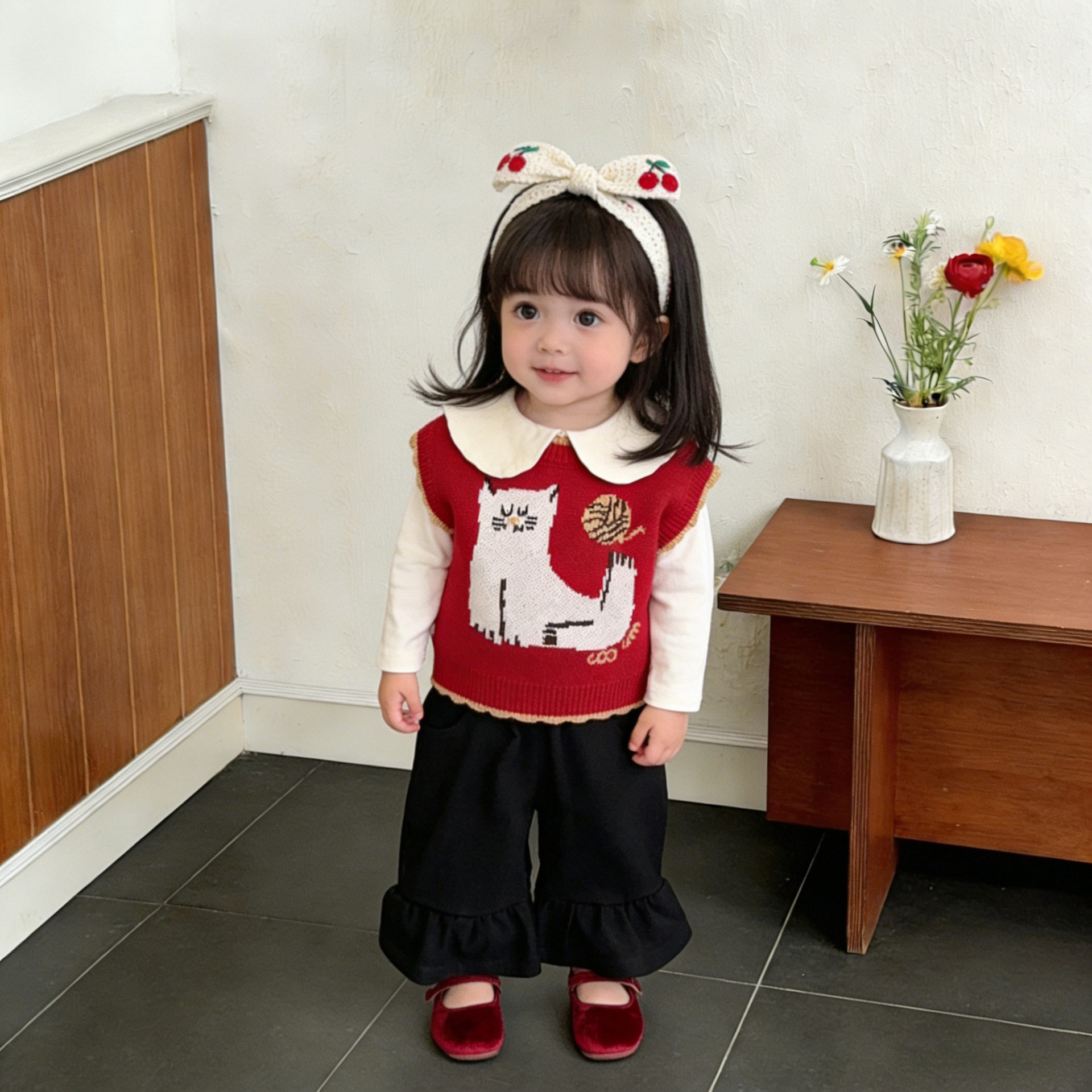 女童早春针织马甲三件套春秋季洋气小女孩韩系叠穿背心打底喇叭裤