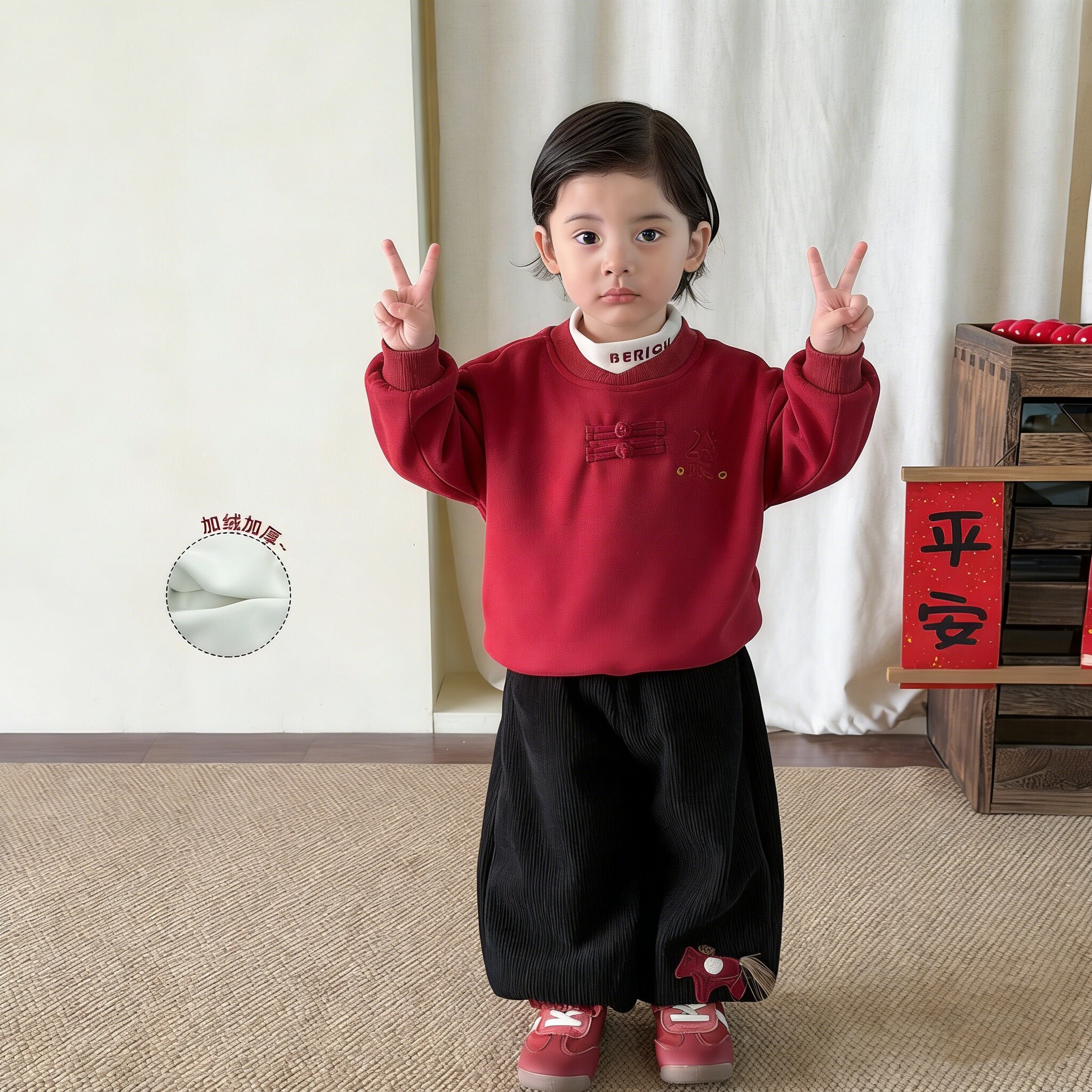 童装男童套装年服加厚新中式国风儿童冬装卫衣灯笼裤男宝红色衣服