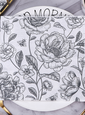 Runlux高端两层印花餐巾纸 彩色纸巾 黑色玫瑰花朵纯木浆纸巾50张