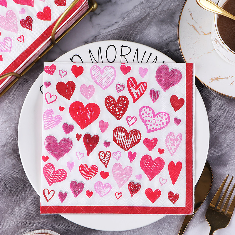 Runlux高端情人节纸巾红色爱心婚礼彩色印花餐巾纸酒店纸口布50张