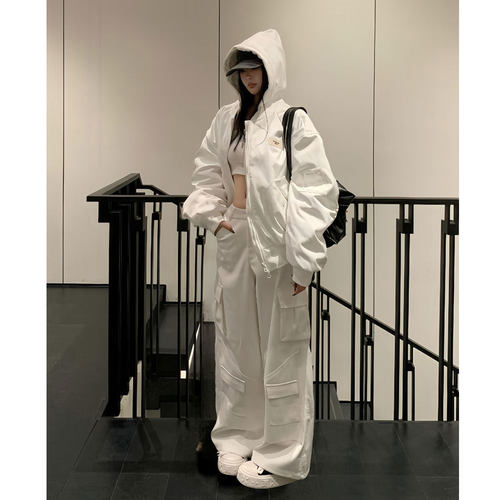 宽松时髦卫衣外套工装阔腿裤套装