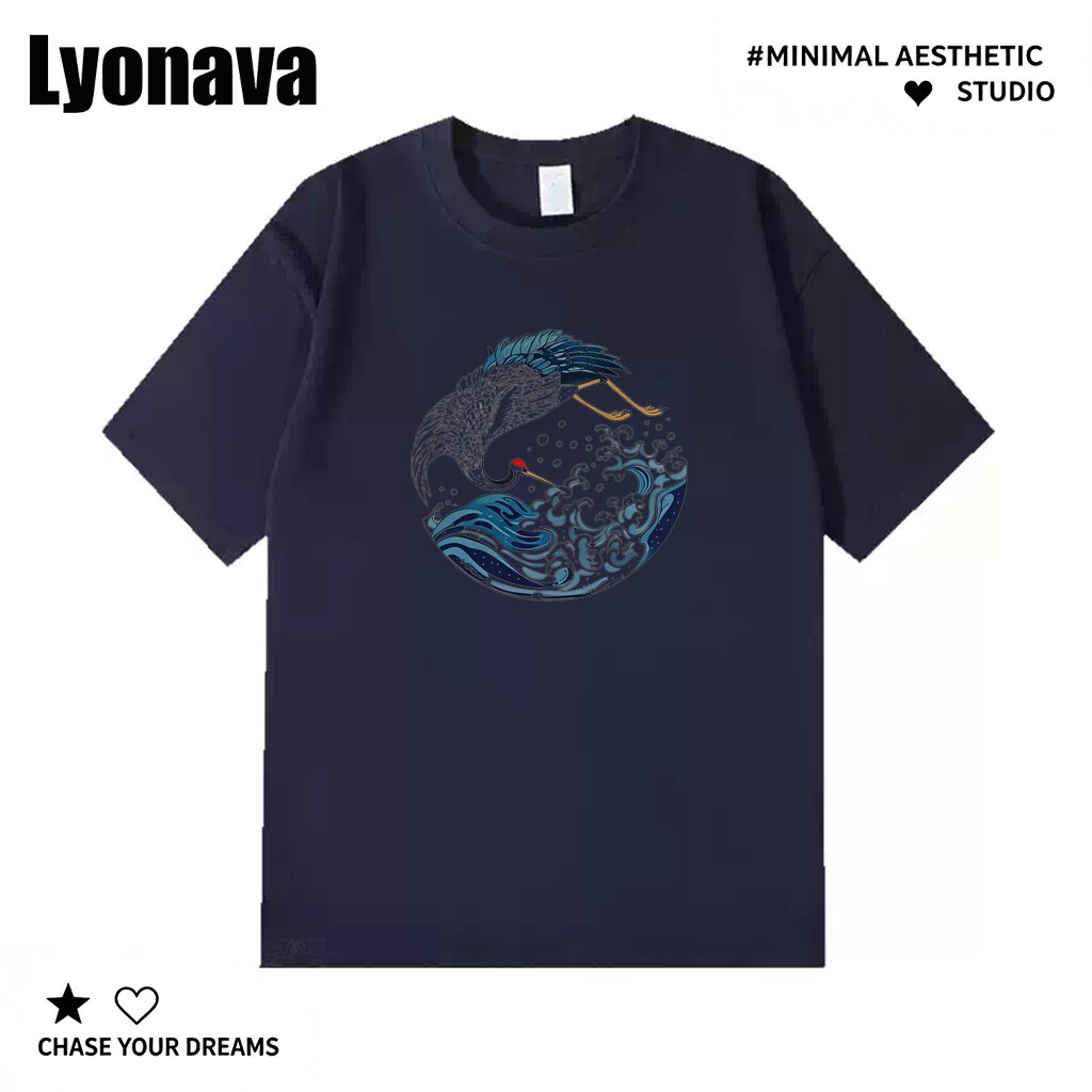 Lyonava白鹤海浪国潮印花短袖T恤夏季圆领半袖纯棉宽松休闲半袖体