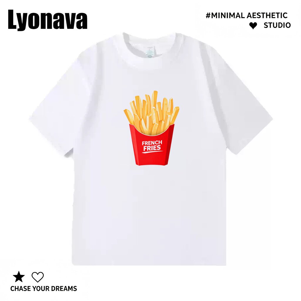 Lyonava美式休闲简约薯条印花短袖T恤夏季纯棉宽松大码百搭圆领半