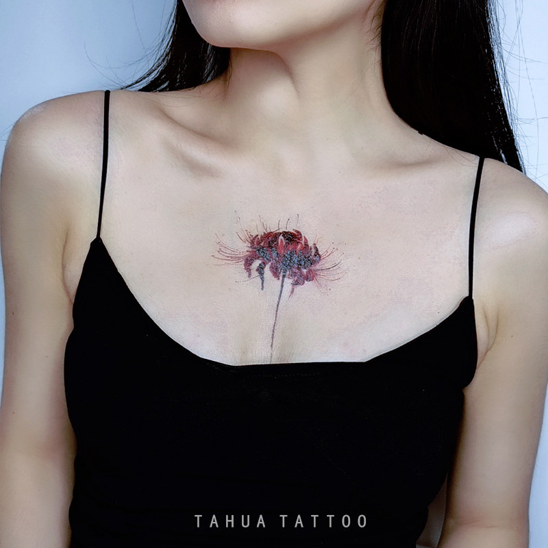 她画 水墨彼岸花 曼珠沙华纹身贴 红色仿真胸前后背 防水女持久