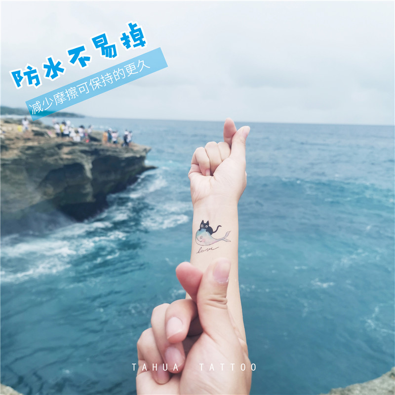 她画 可爱猫鲸鱼 情侣手腕纹身贴 卡通防水女 小清新彩色图案贴纸