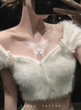 她画 白色蝴蝶纹身贴防水持久女胸口彩色手臂贴纸网红图案