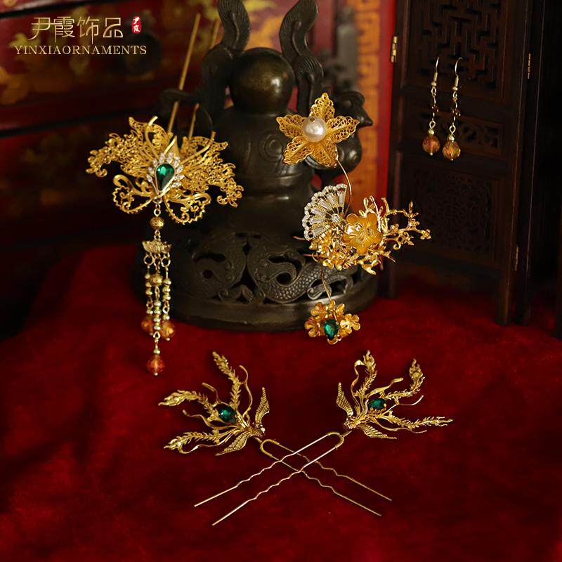 新中式新娘金色发饰秀禾服裙褂发钗发簪简约仿金首饰头饰原创簪子