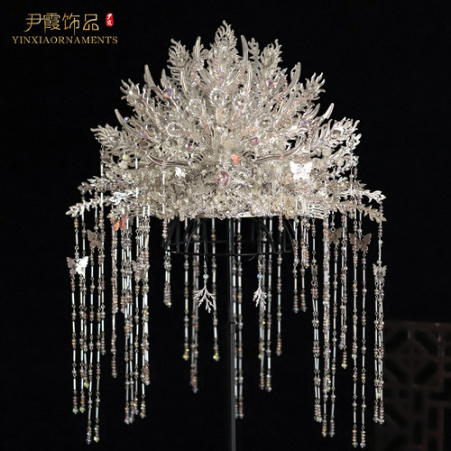 汉服银色凤冠中式婚礼头围日常拍照饰品银色大冠古装新娘发冠原创