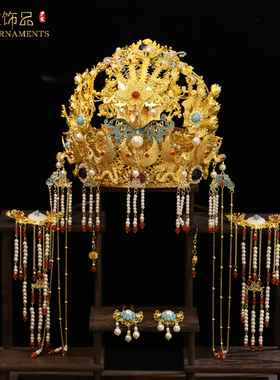 汉服凤冠头饰古装中式婚礼新娘汉婚发冠高端手工结婚饰品金色新款