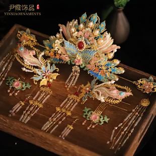 汉服凤冠头饰明制秀禾新娘头冠结婚饰品苏绣凤钗发簪 古装 新款 中式