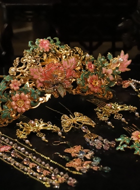 宋制婚礼新娘头饰套装中式粉色唐风饰品明制汉服婚嫁簪子古装凤冠