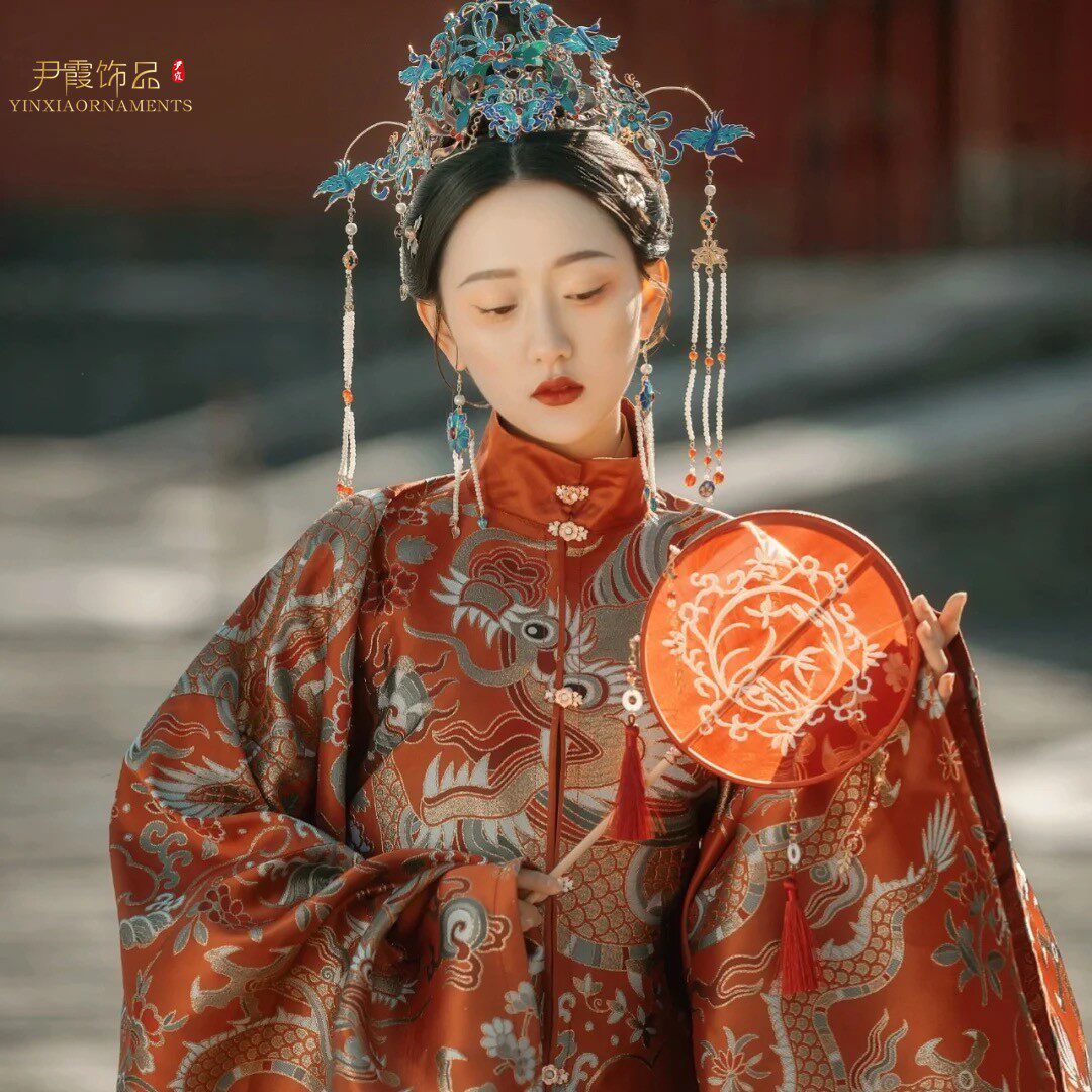 尹霞新娘汉服头饰景泰蓝发簪古装国风饰品古典发冠美人贼摄影同款