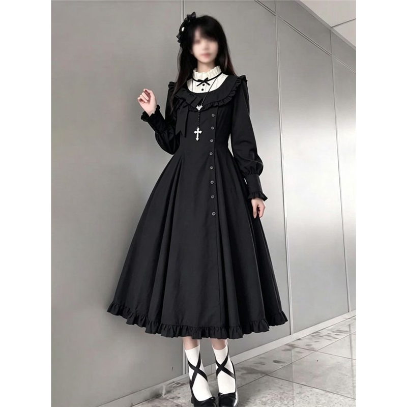 昼与夜 片裁cla系哥特修女黑色暗黑系轻亚风Lolita收腰长裙连衣裙