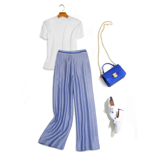 子港风套装 两件套减龄洋气裤 女复古克莱因蓝347 高腰阔腿裤 春秋季