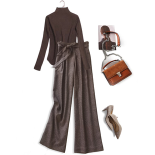 553 咖啡色老钱风阔腿裤 秋冬美拉德穿搭休闲裤 女显瘦高腰系带长裤