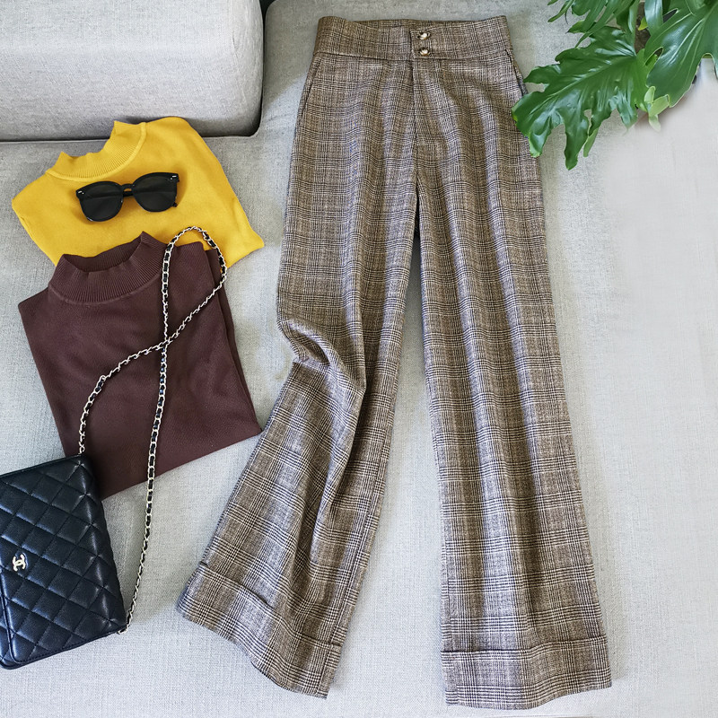 高腰美拉德格子裤欧式咖啡阔腿裤