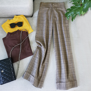 523 格子女秋冬高腰垂感咖啡色格纹毛料西裤 美拉德穿搭欧式 阔腿裤