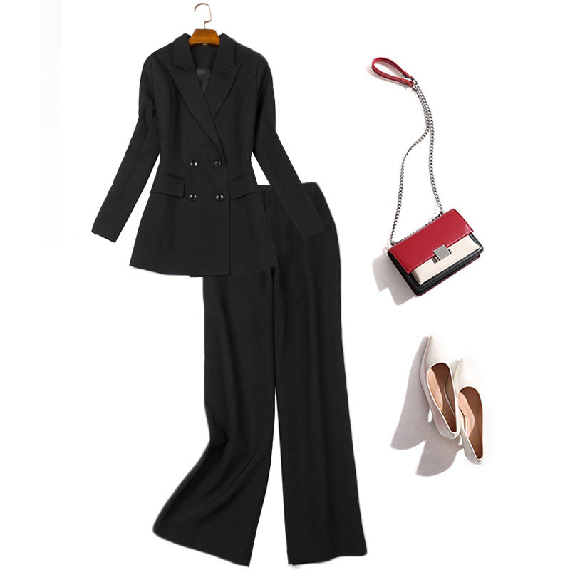 秋装新款职业女裤套装双排扣OL西服高腰宽松直筒阔腿裤两件套442